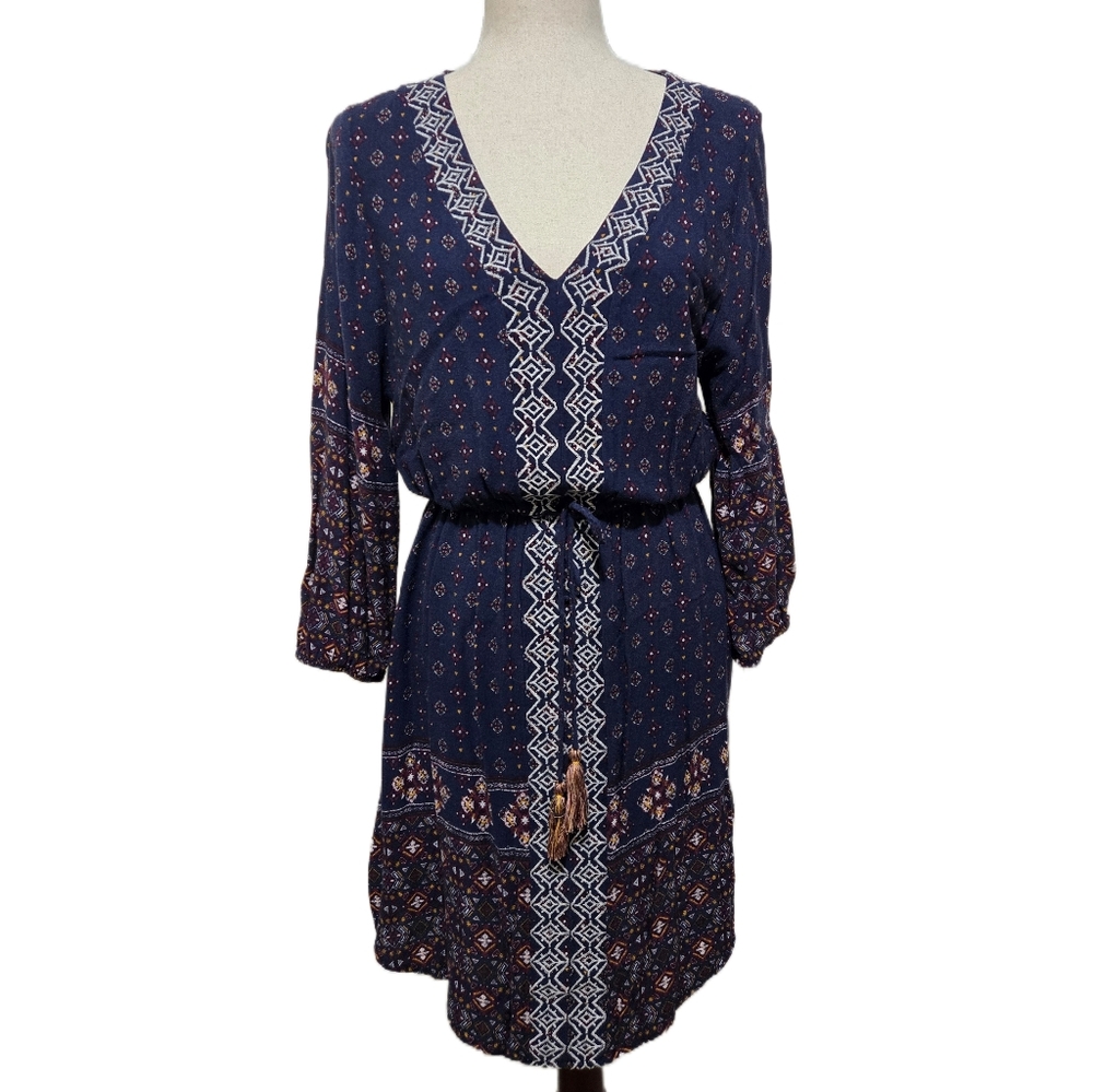 Knox Rose Boho Print Dress Embroidery Blue Midi Size Large